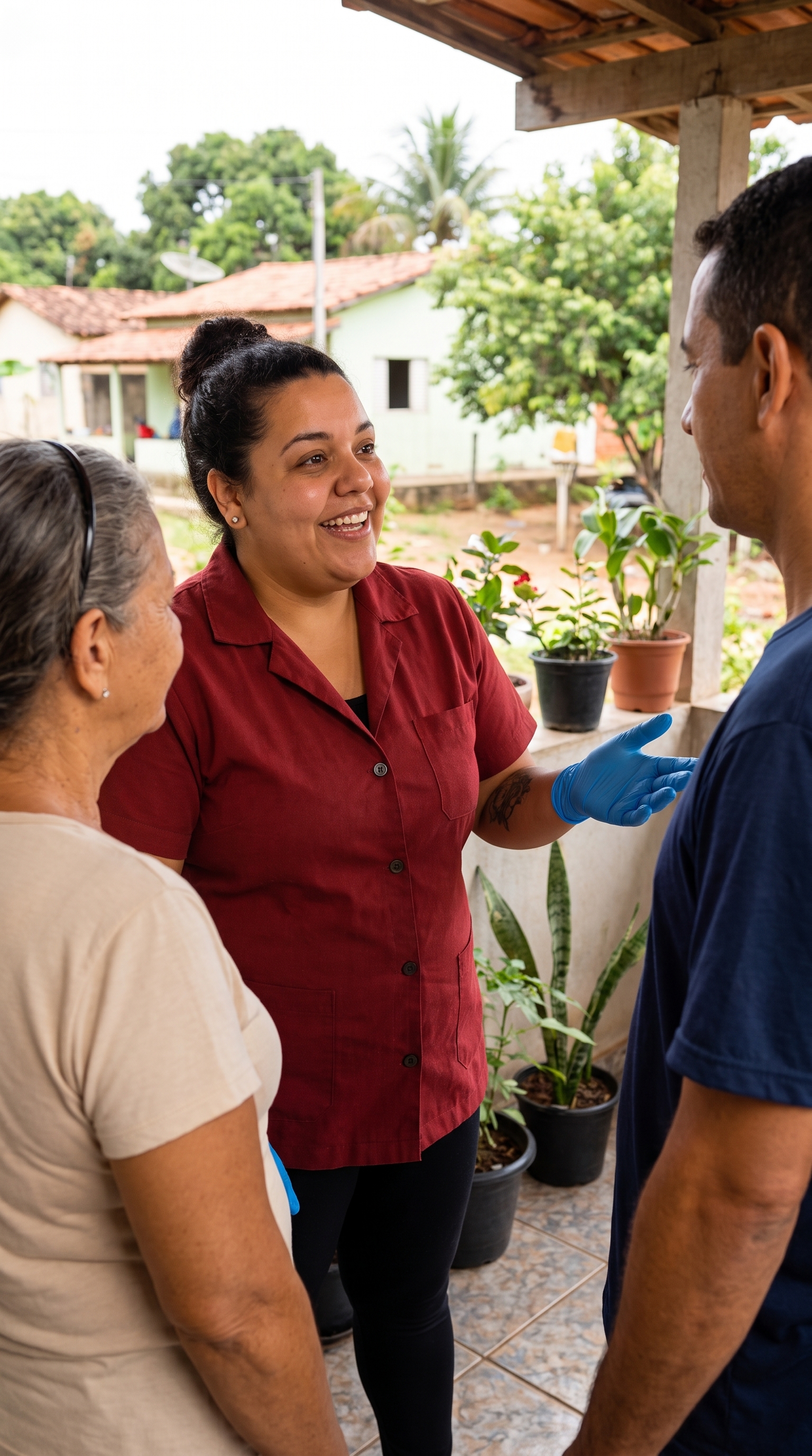 Tereza conversando em uma varanda