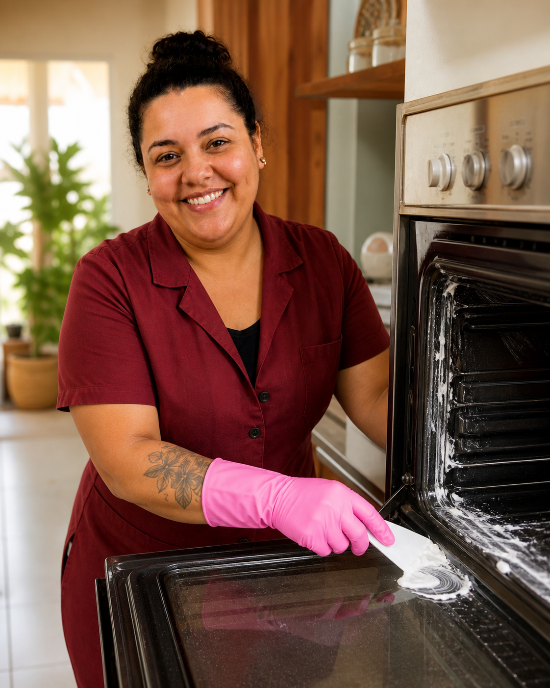 Tereza aplicando uma dica no forno